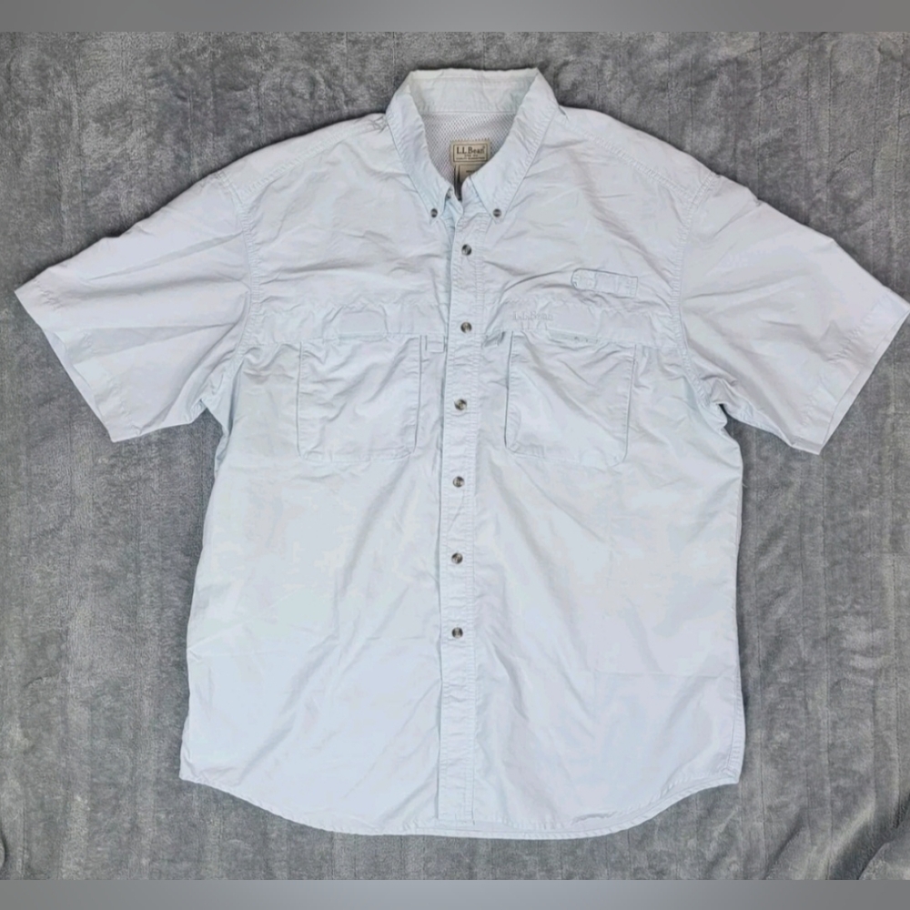 LL Bean Mens Outdoor Vented Shirt Large Blue Button Down Short Sleeve Coastal